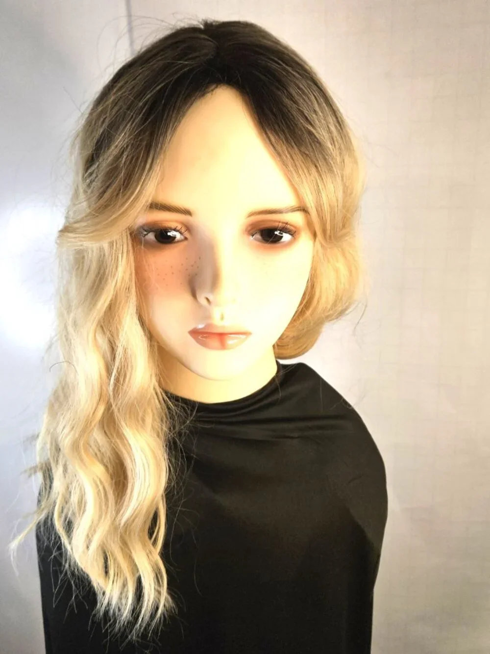 Glow Up Blonde Ombre Wavy Textured Long Wig Heat Safe. Dark rooted Ice Blonde